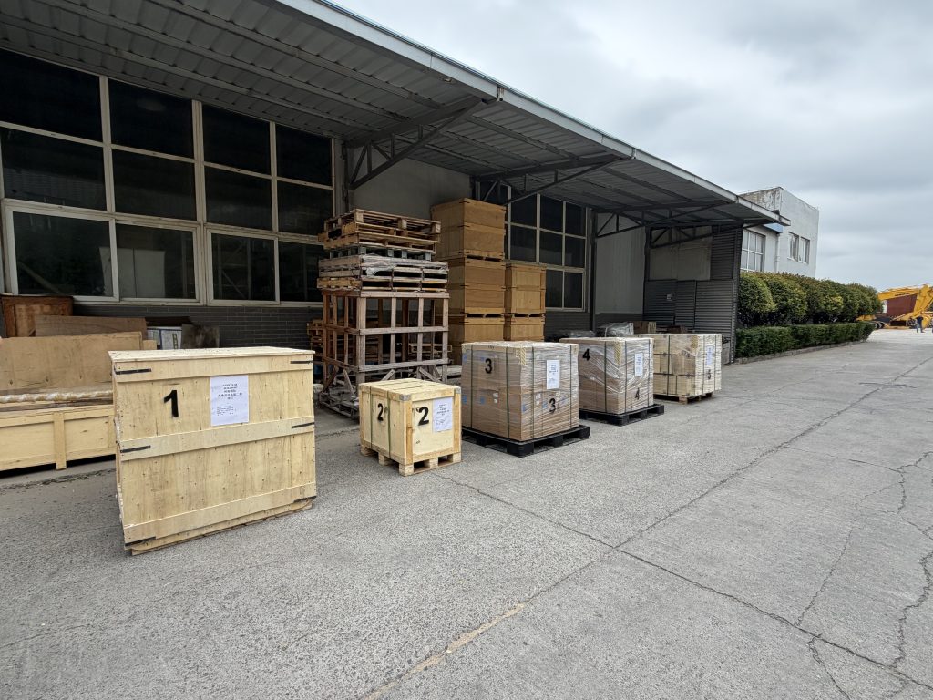Crated parts outside the warehouse